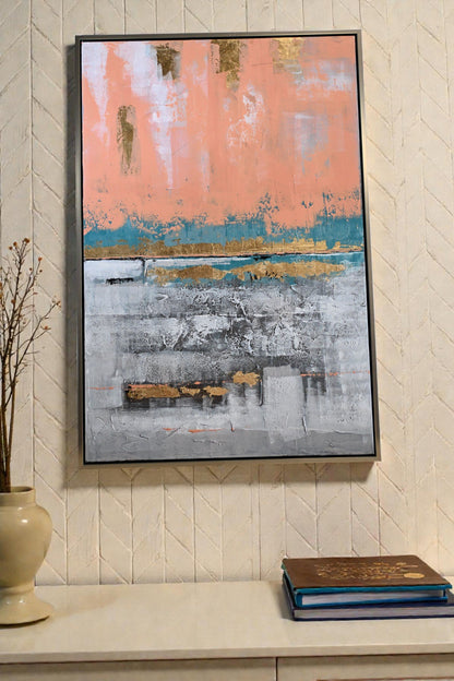 Coral Reef Abstract Canvas Painting Coral Blue Gold Framed 61"x41"