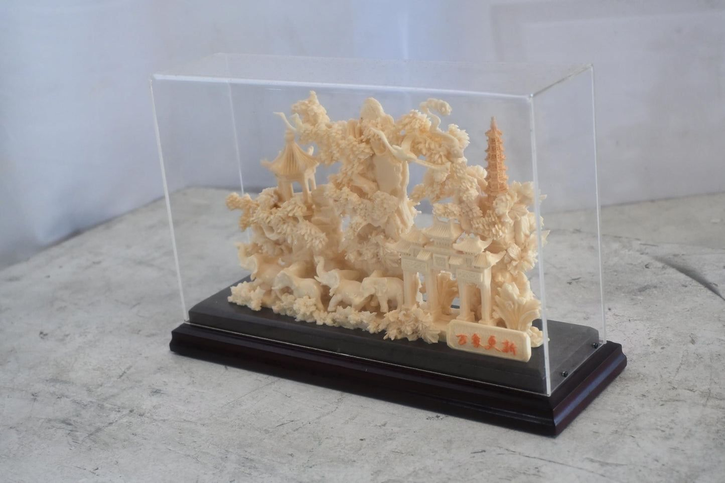 Carved Asian Landscape Diorama with Pagoda in Case 11"x4"x7"H