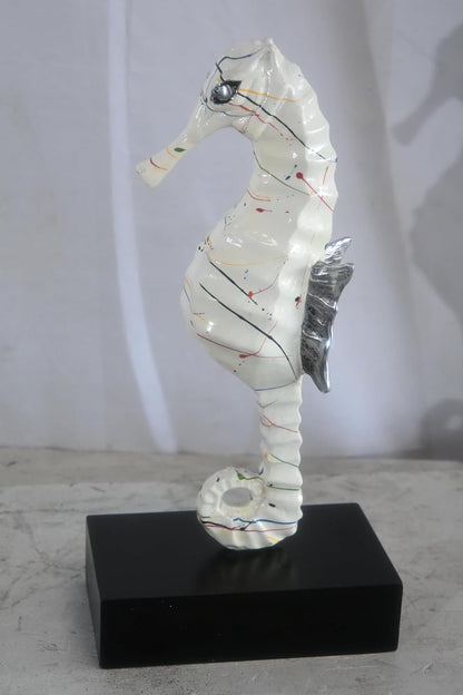 White Splatter Seahorse Sculpture Painted Aluminum Decor 6"x4"x16"H