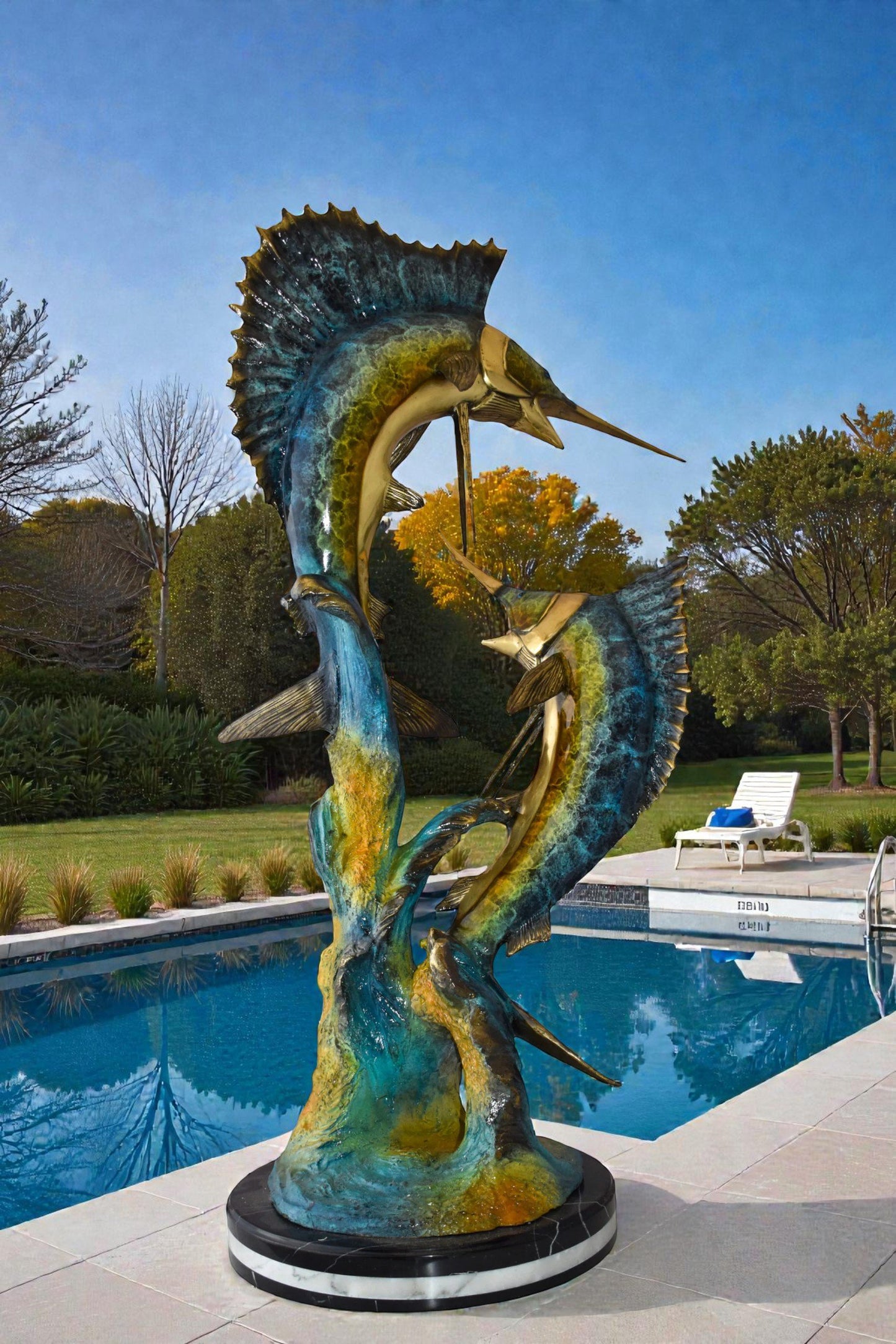 Set Of Intertwined Sailfish and Marlin Colored Bronze Statue  27" x 20" x 47"H