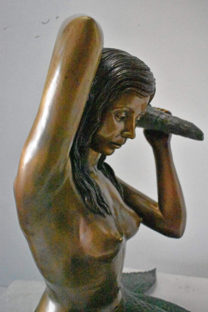 Mermaid Half Naked Holding a Shell Bronze Fountain-Art Nude 29" x 19" x 31"H