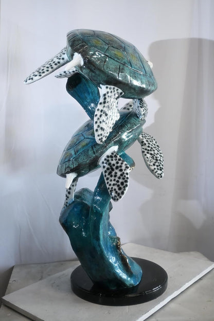 Bronze Two Sea Turtles Sculpture on Wave Base 26"x21"x41"H