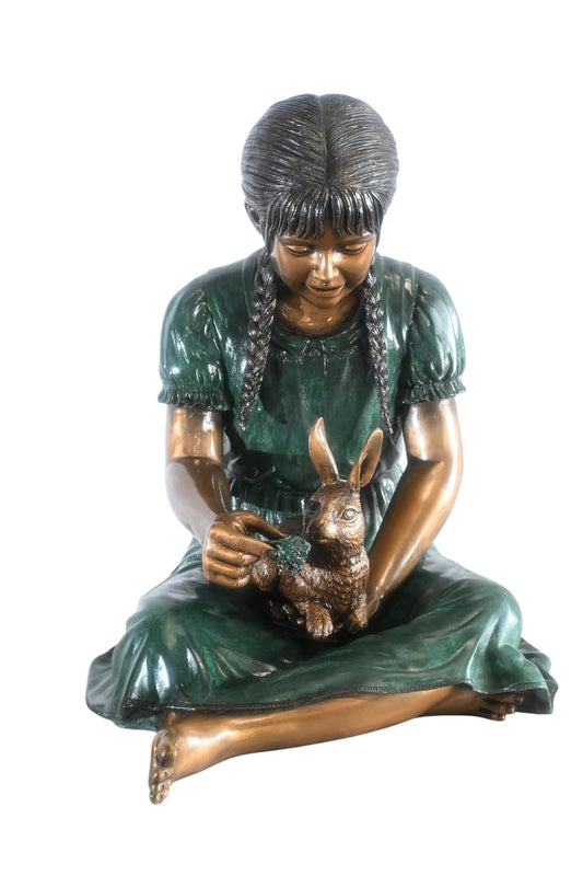 Bronze Braided Girl Feeding Rabbit Green Dress Sculpture 24"x20"x24"H
