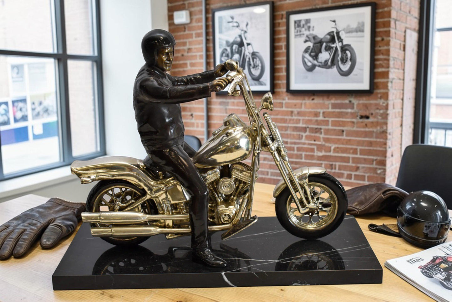 Harley Davidson Rider on his Bike Replica Bronze Statue 20" x 9" x 13"H