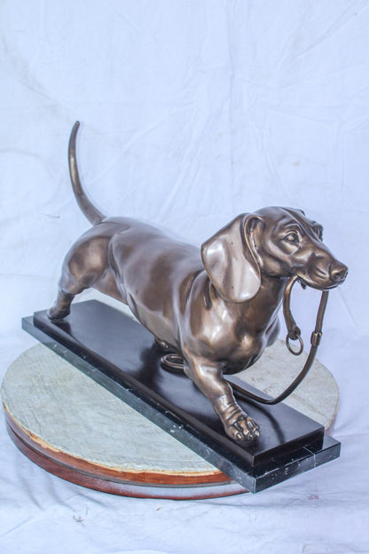 Detailed Dachshund Dog Walking Bronze Statue Mounted on Marble 29" x 8" x 15"H