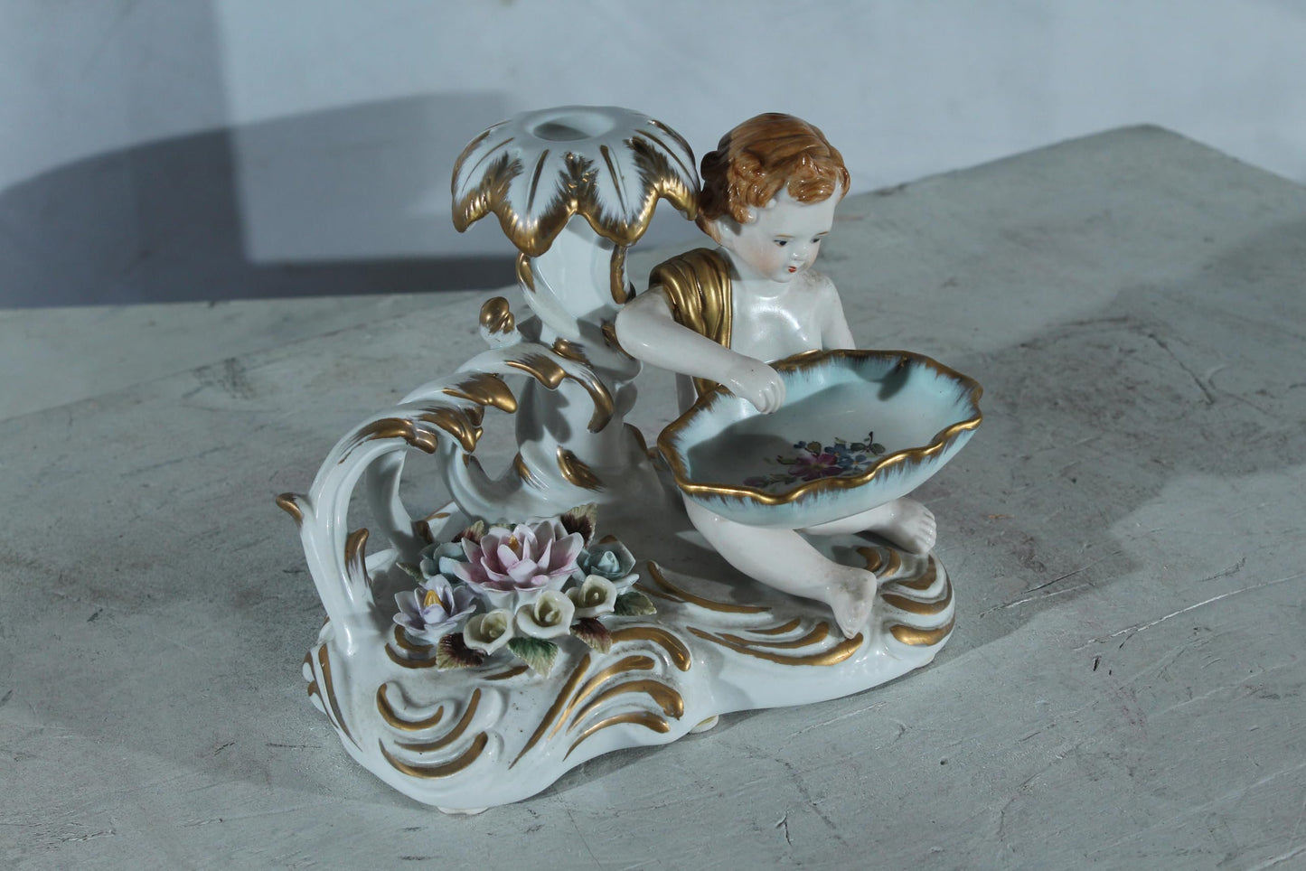 Porcelain Cherub Candle Holder with Floral Dish 9"x6"x7"H