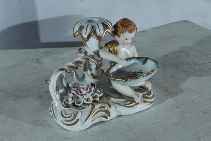 Porcelain Cherub Candle Holder with Floral Dish 9"x6"x7"H