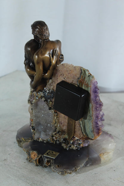 NIFAO Lovers Embrace Clock with Amethyst Geode Bronze by Vidal Spain 8"x7"x10"H
