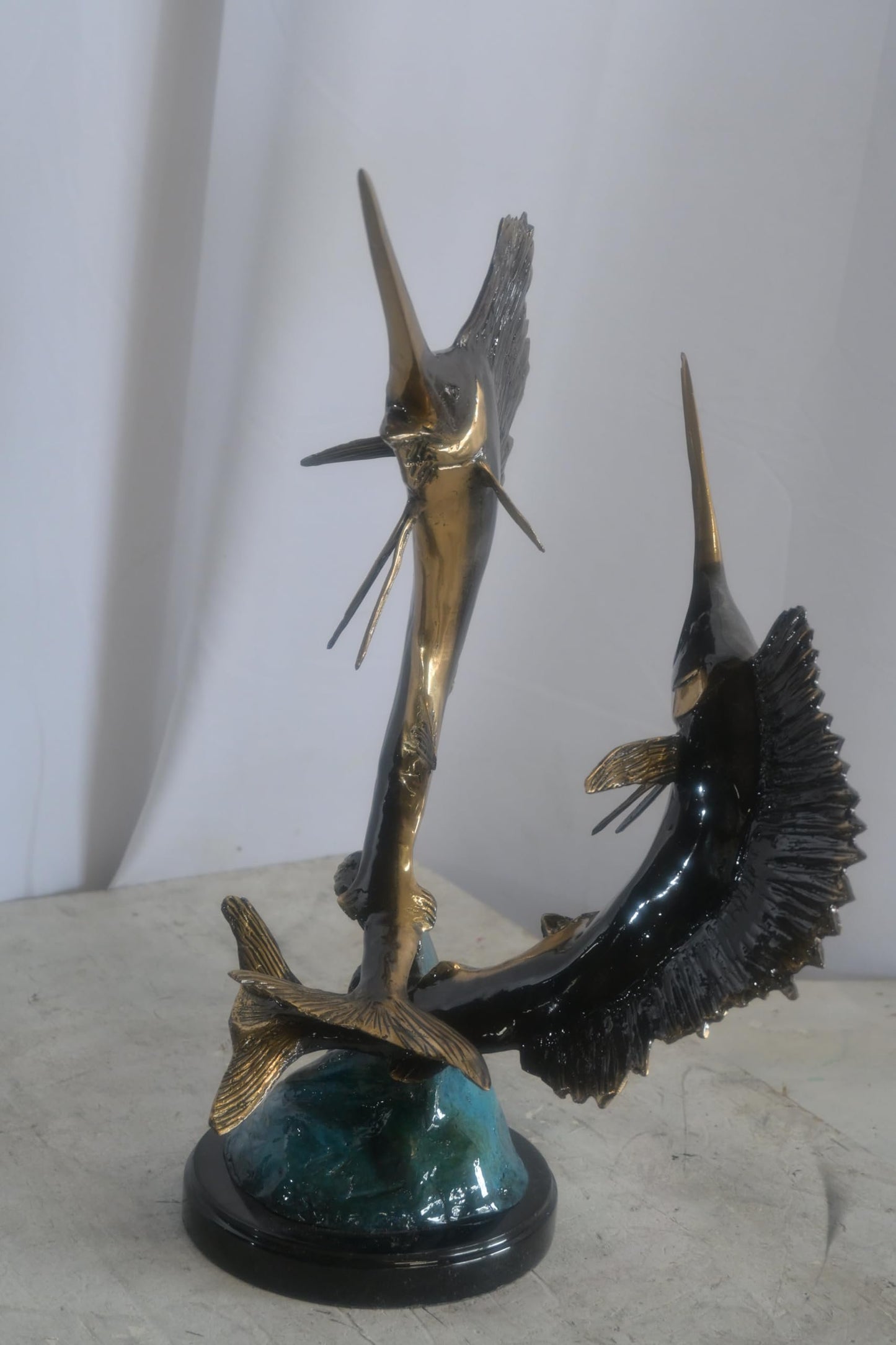 Bronze Dual Sailfish Sculpture on Wave Base and Marble 11"x10"x20"H