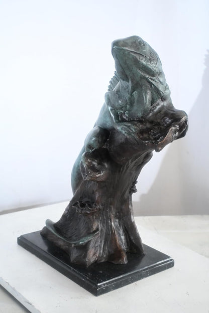 Bronze Iguana Sculpture on Branch with Marble Base 20"x7"x22"H