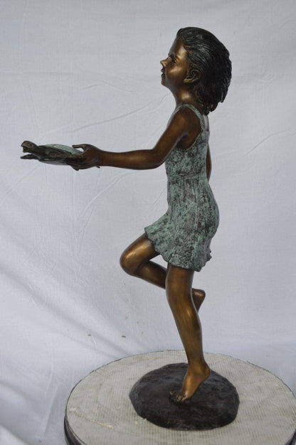Girl holding turtle bronze fountain statue -  Size: 26"L x 19"W x 37"H.