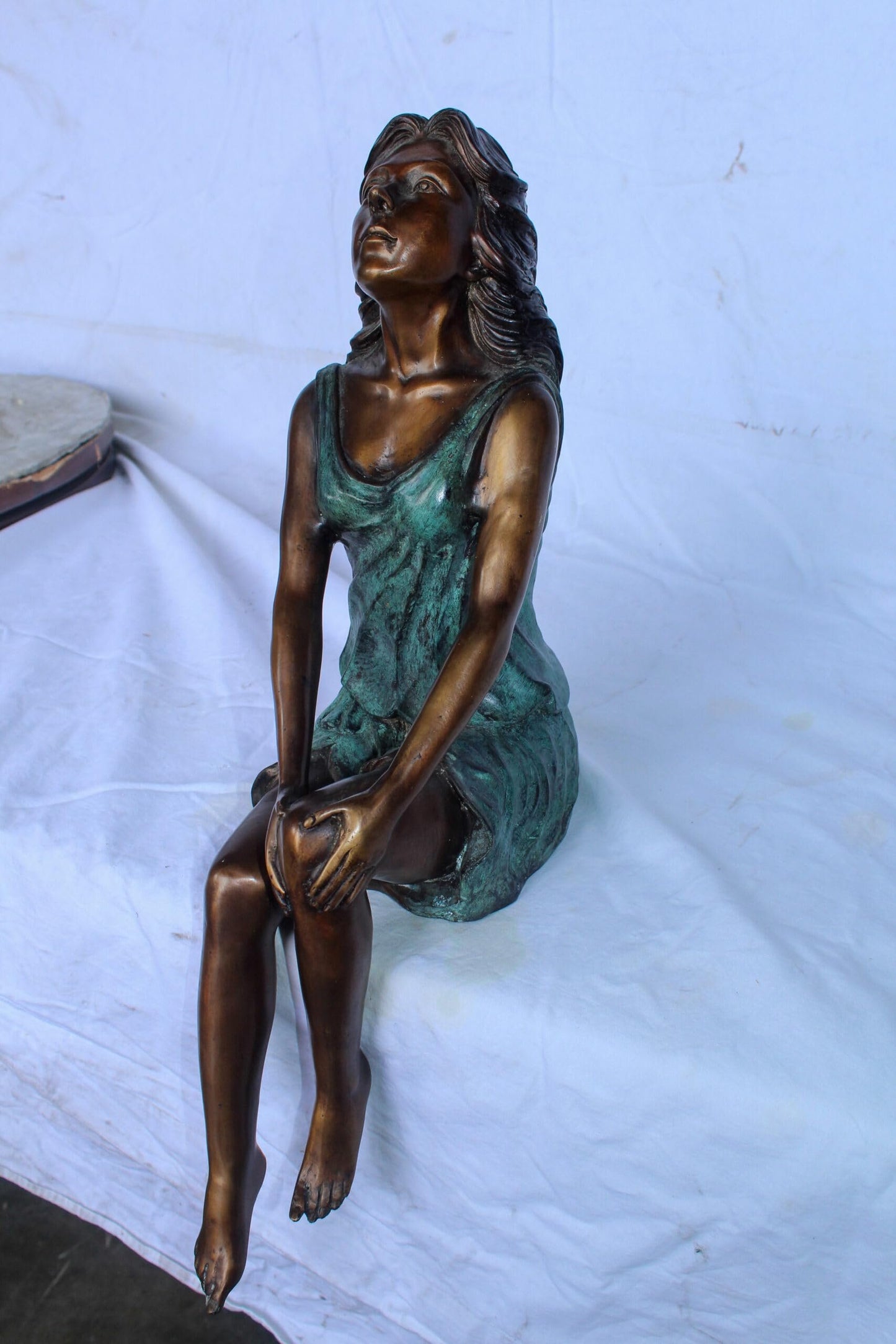 Graceful Young Woman Sitting on the Ledge Bronze Statue 13" x 7" x 23"H