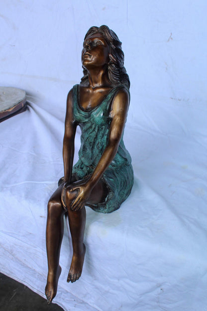 Graceful Young Woman Sitting on the Ledge Bronze Statue 13" x 7" x 23"H