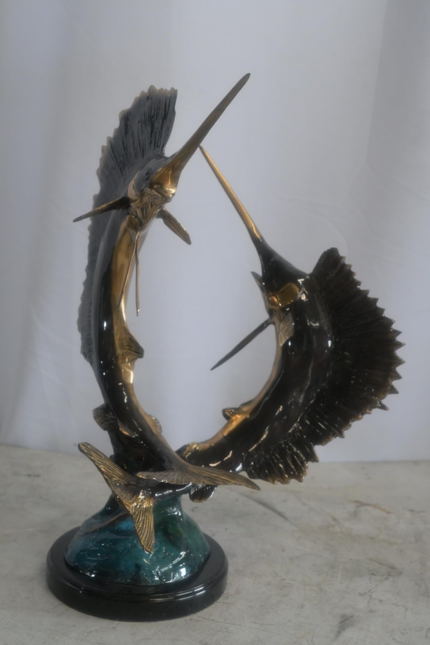 Bronze Dual Sailfish Sculpture on Wave Base and Marble 11"x10"x20"H