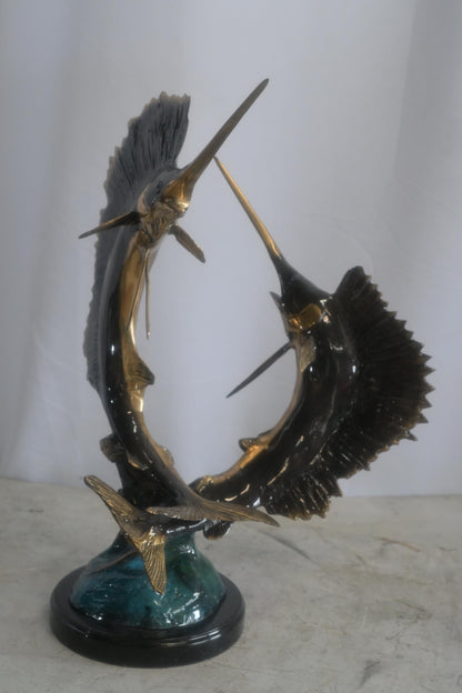 Bronze Dual Sailfish Sculpture on Wave Base and Marble 11"x10"x20"H