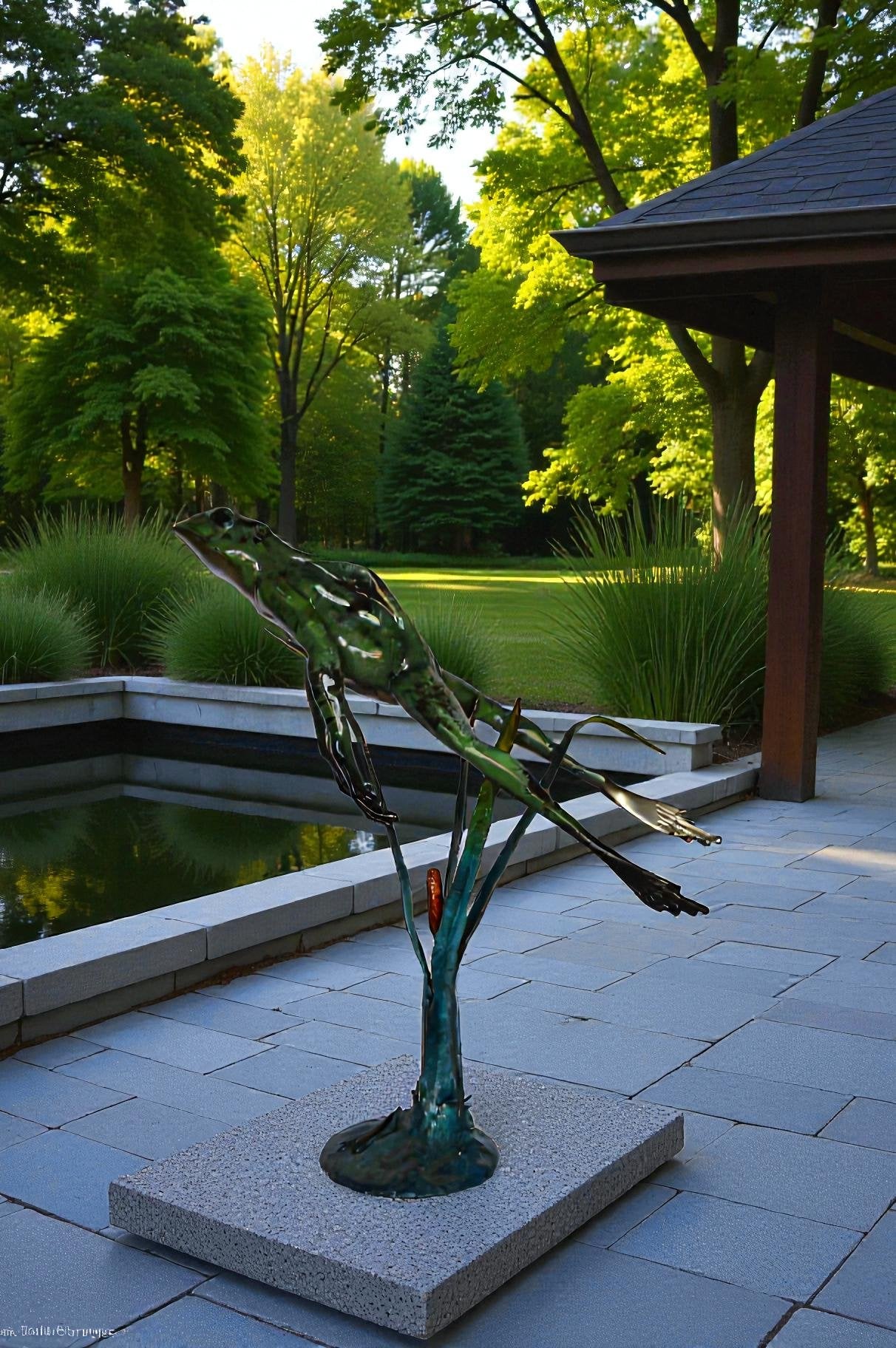 Large Frog Jumping Up Bronze Statue on a  Marble  -  Size: 30"L x 14"W x 34"H.