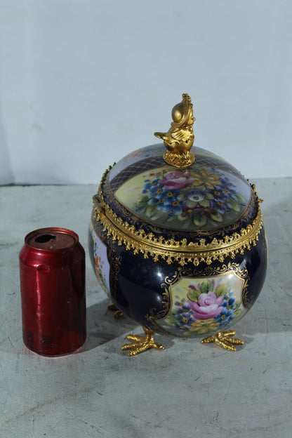 NIFAO Porcelain floral egg shaped lidded box with cherub and chicken feet 11"x8"x12"H