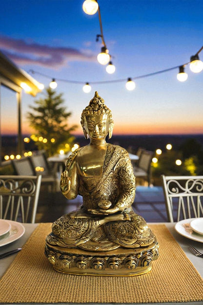 Tibetan Buddha Aluminum Sculpture in Radiant Gold Finish 10" x 7" x 14"H