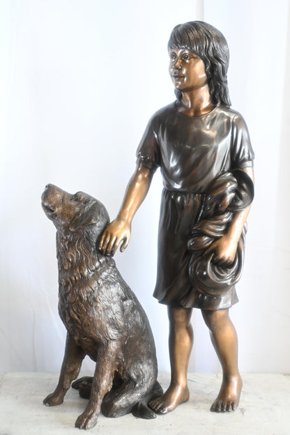 Bronze Girl with Dog Statue Standing Child and Pet Sculpture 23"x13"x39"H