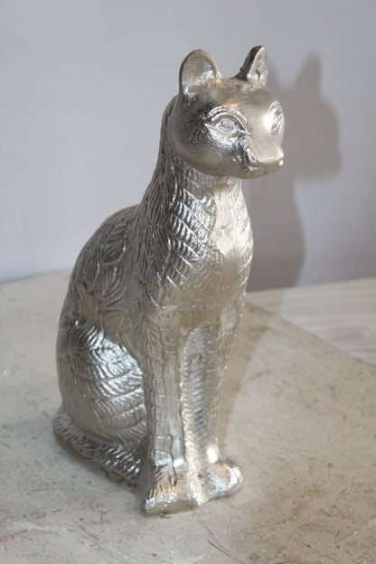 Aluminum Artistry Intricately Sitting Cat Statue in Silver 10" x 4" x 13"H