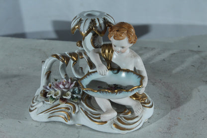Porcelain Cherub Candle Holder with Floral Dish 9"x6"x7"H
