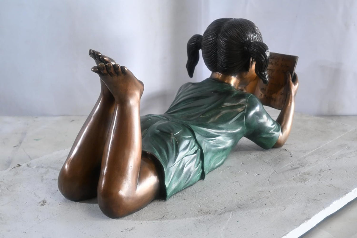 Bronze Girl Reading Fairy Tale Book Lying Down Sculpture 24"x10"x11"H