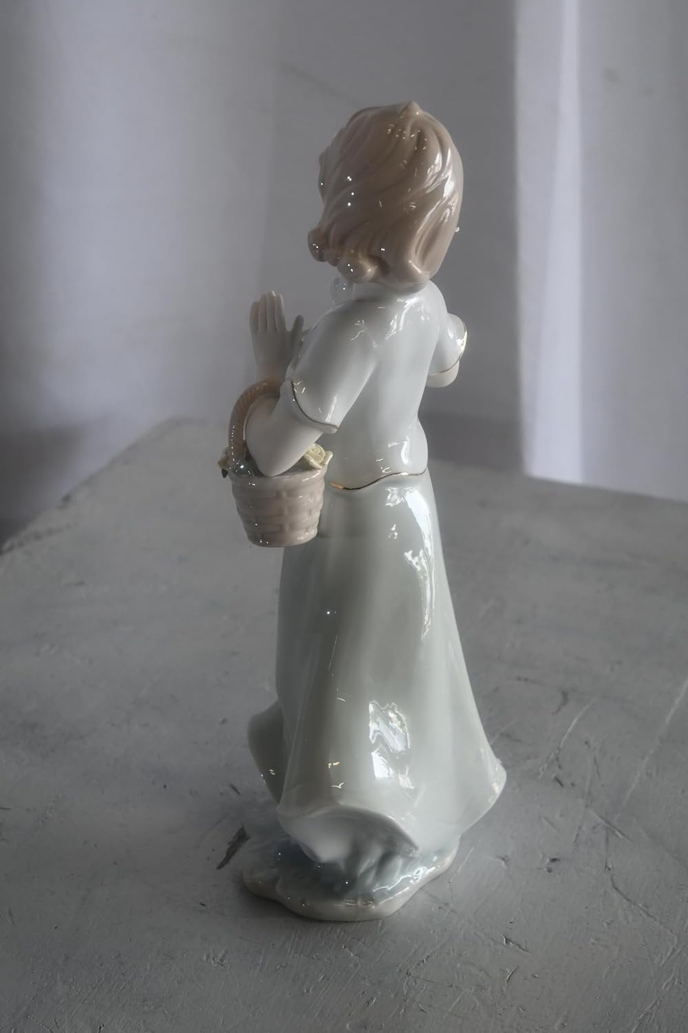 Porcelain Girl with White Doves and Flower Basket Statue 6"x4"x12"H