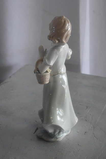 Porcelain Girl with White Doves and Flower Basket Statue 6"x4"x12"H