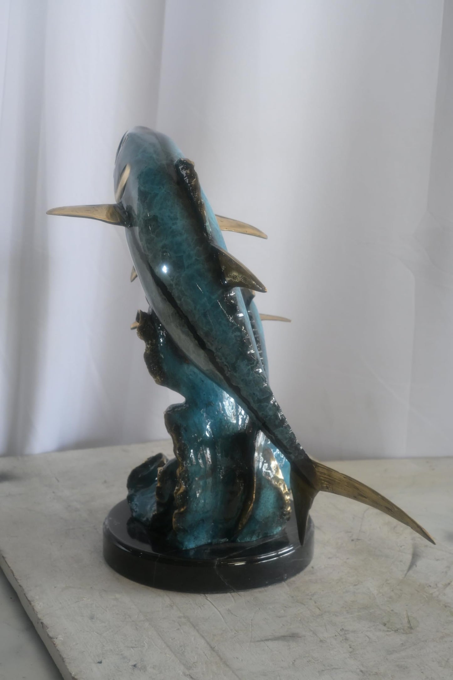 Bronze Dual Tuna Fish Sculpture on Marble Base 24"x16"x21"H