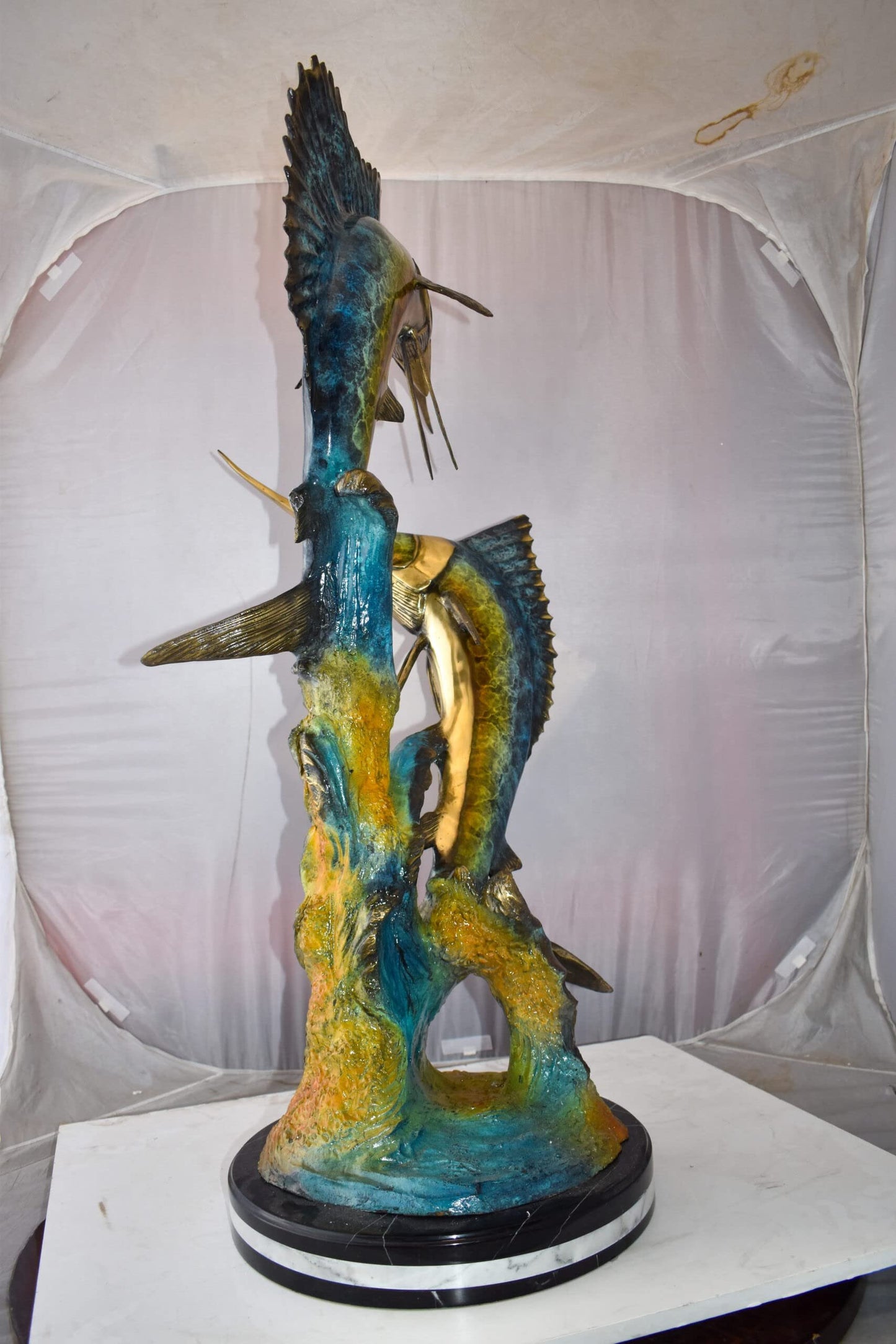 Set Of Intertwined Sailfish and Marlin Colored Bronze Statue  27" x 20" x 47"H