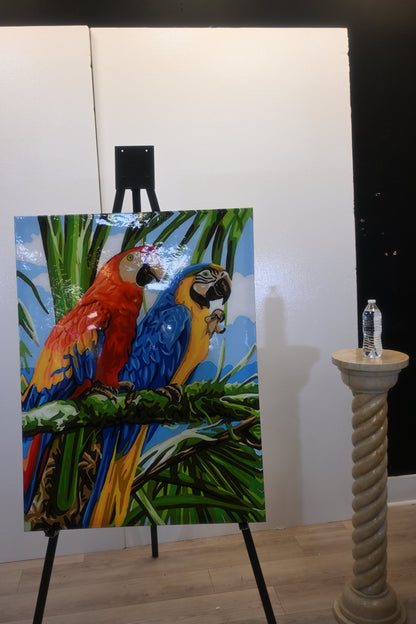 Colorful Macaw Parrots Tropical Resin Covered Canvas 32"x42"