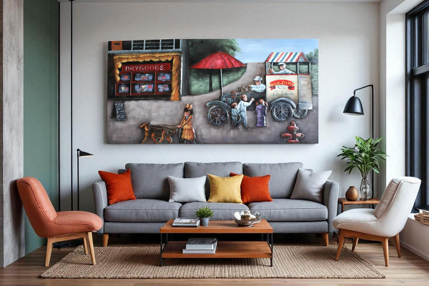 NIFAO Handmade Metal Wall Art Vintage Street Scene Raised Design 79" x 39" x 1"H