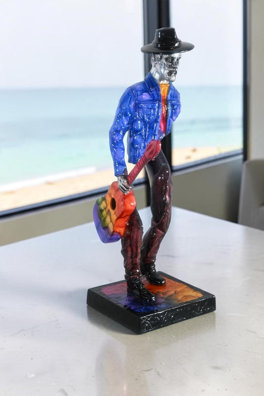 Traveler Musician Holding Guitar Case Aluminum Sculpture 9"x8"x34"H
