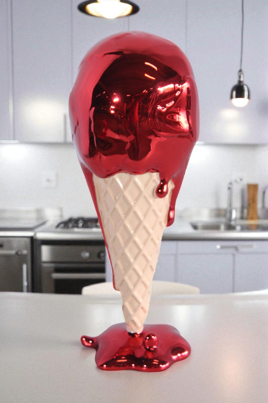 NIFAO Resin Ice Cream Cone Statue Red Dripping Pop Art Modern Decor 5" x 5" x 14"H