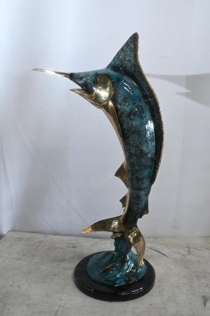 Blue Marlin Bronze Sculpture Leaping Ocean Wave 15"x6"x23"H