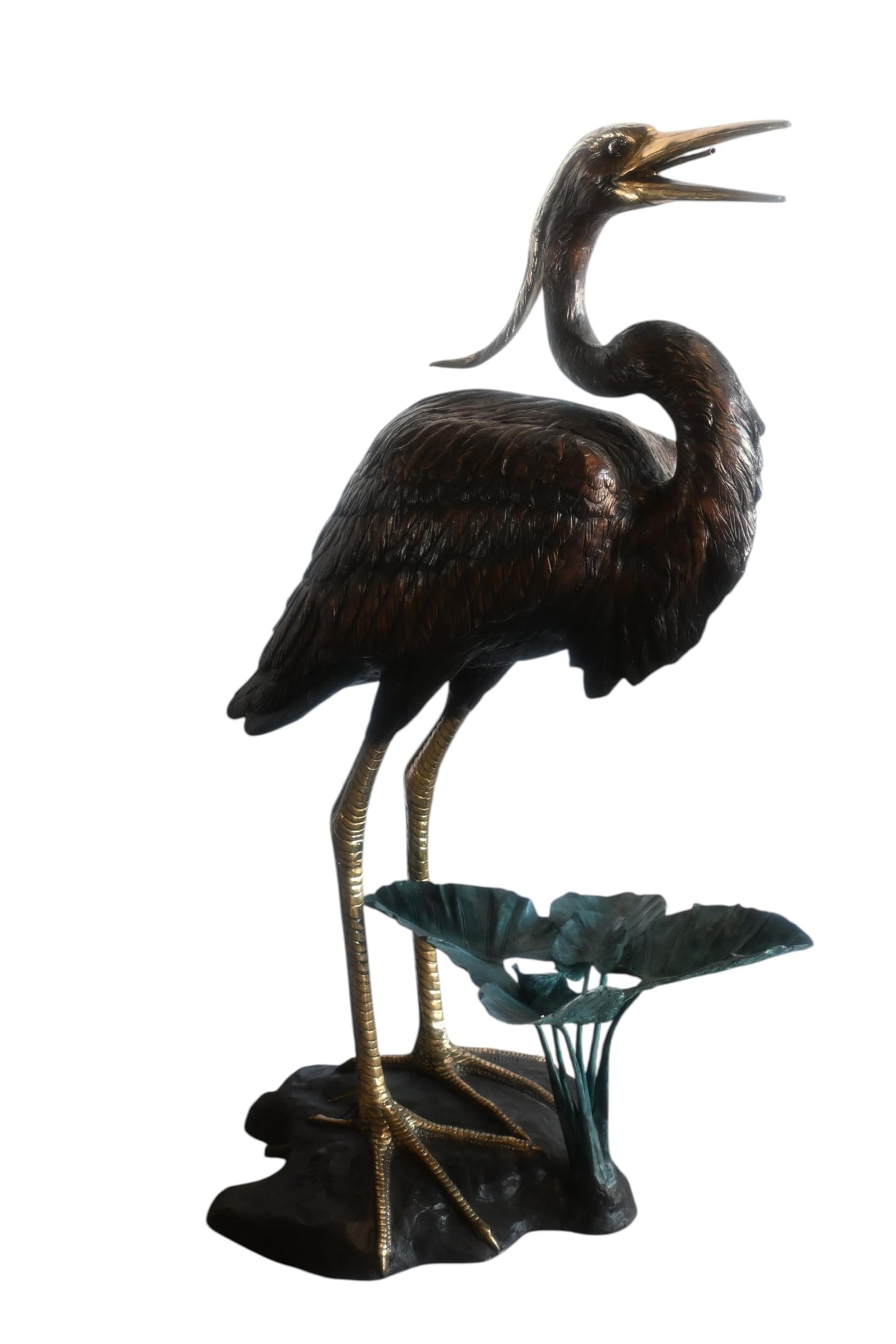 Large Bronze Heron Fountain Sculpture with Lily Pad Base 40"x29"x60"H