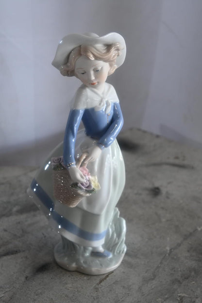 Porcelain Girl Carrying Flower Basket Blue Jacket Statue 6"x5"x12"H