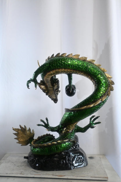 Green Bronze Dragon Fountain Statue with Pearl Sphere 30"x20"x38"H