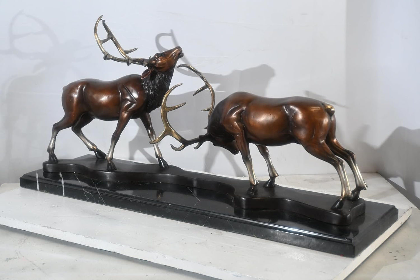 Bronze Locking Deer Stags Sculpture Marble Base 32"x8"x14"H