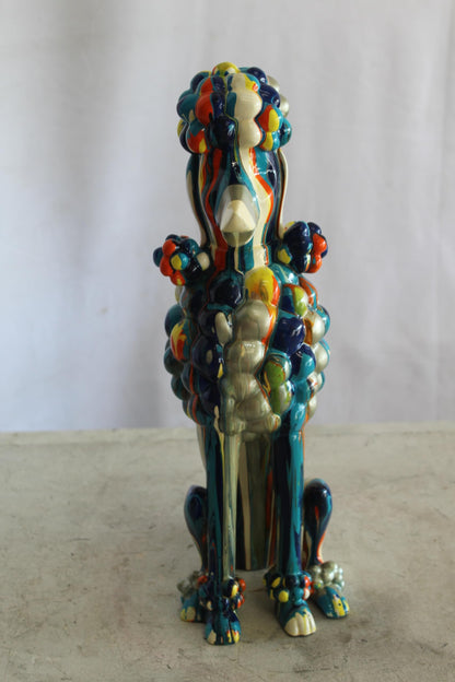 NIFAO Colorful Poodle Dog Sculpture Multicolor Striped Resin Figurine 8"x5"x16"H