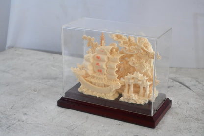 Carved Resin Chinese Sailing Junk Ship Diorama in Case 8"x4"x7"H