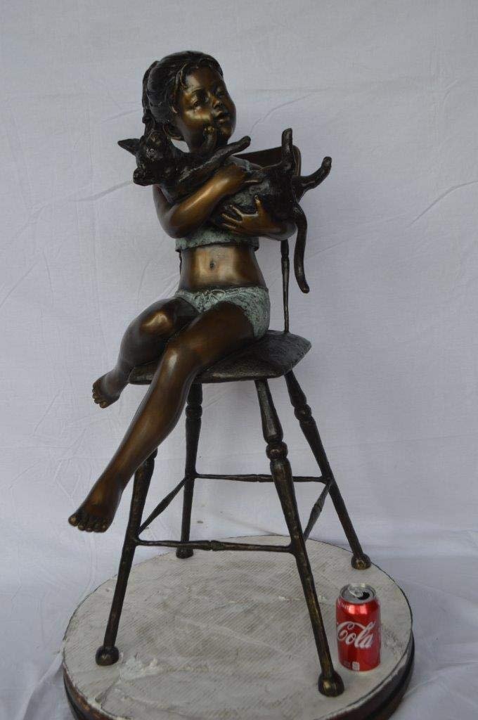 Girl with a cat on a high chair bronze statue -  Size: 16"L x 16"W x 38"H.