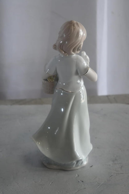 Porcelain Girl with White Doves and Flower Basket Statue 6"x4"x12"H