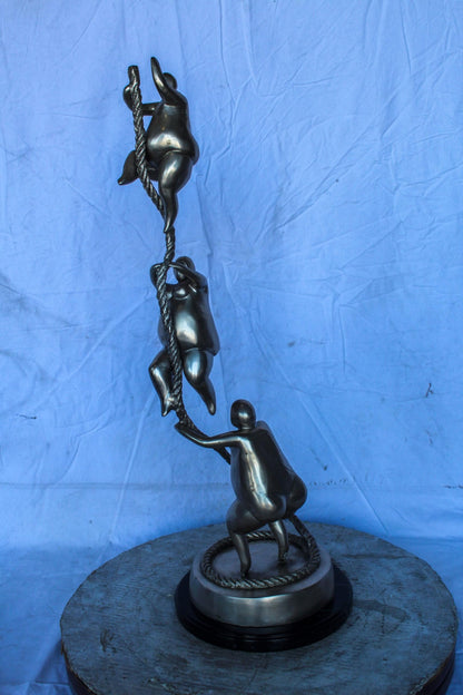 Three Voluptuous Women Climbing a Rope Statue, Silver Finish 12" x 12" x 32"H
