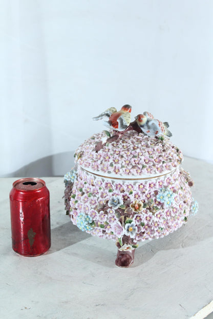 NIFAO Porcelain floral covered box with birds on lid 10"x10"x11"H