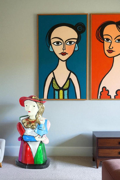 NIFAO Colorful Picasso Style Bronze Woman Bust with Red Hat 18" x 16" x 32"H