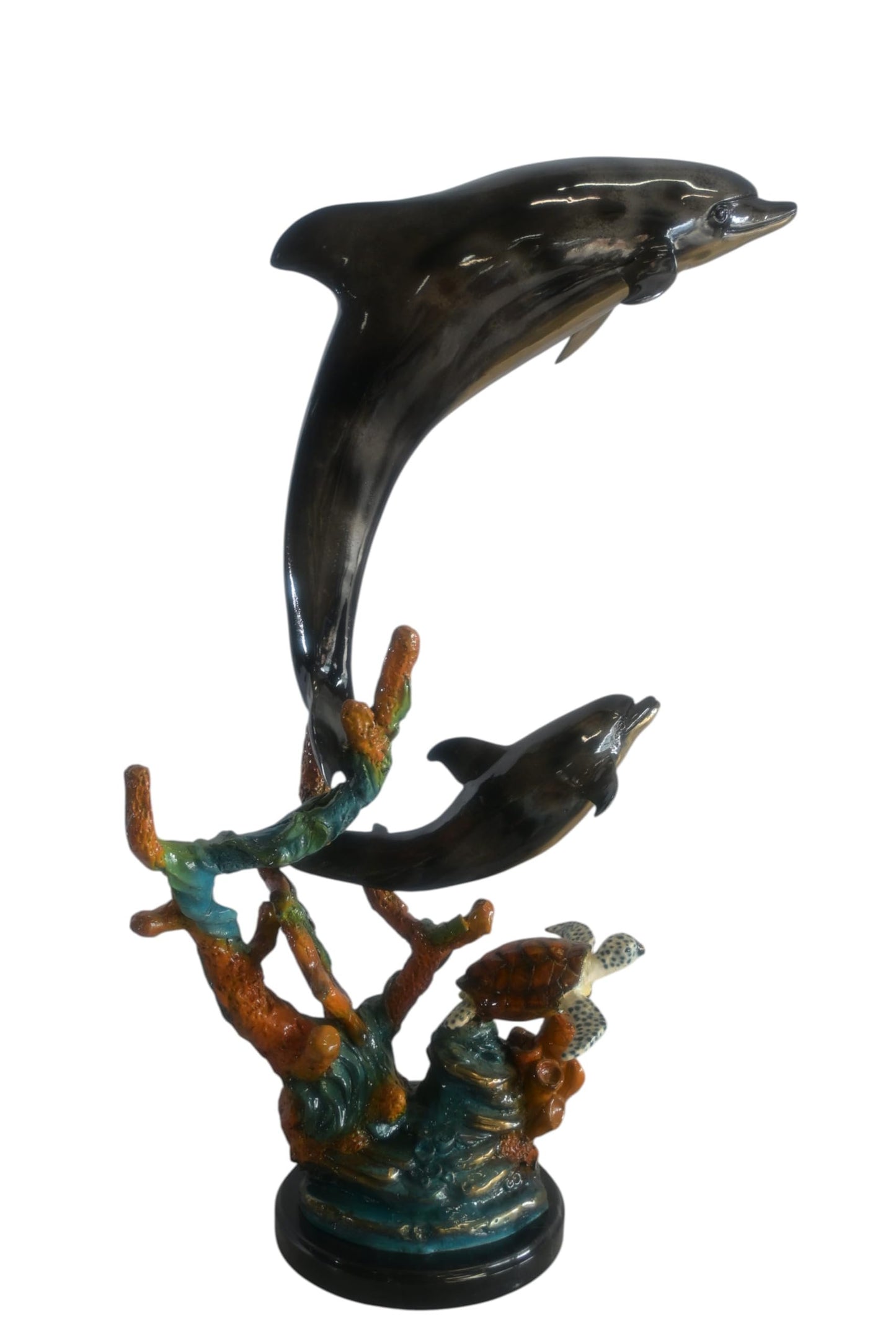 Bronze Dolphin Pair and Sea Turtle Coral Reef Sculpture 15"x9"x29"H
