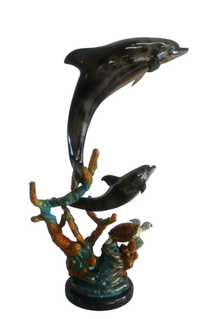Bronze Dolphin Pair and Sea Turtle Coral Reef Sculpture 15"x9"x29"H