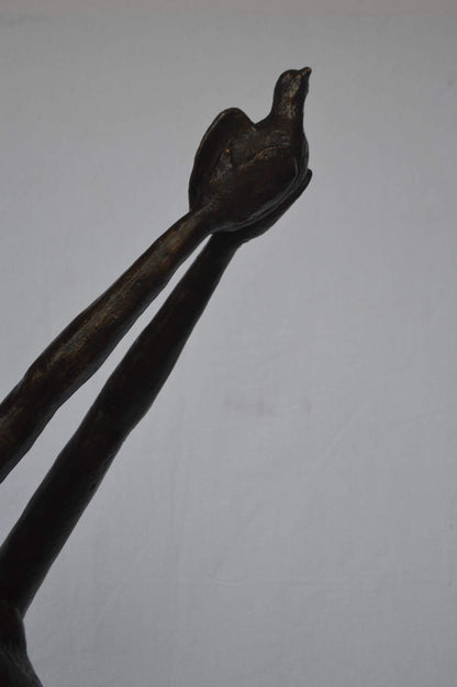 Woman Releasing Bird Modern Art Bronze Statue - Size: 13"L x 19"W x 52"H.