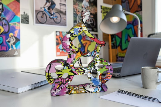Modern Art Graffiti Bicycle and Rider Statue Made of Resin Size: 10" x 4" x 15"H